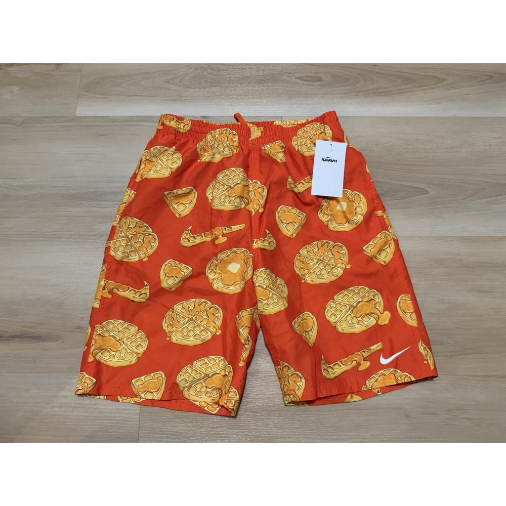 Nike Boys Swim Shorts Orange Waffle Print Youth XL Lined Elastic Waist